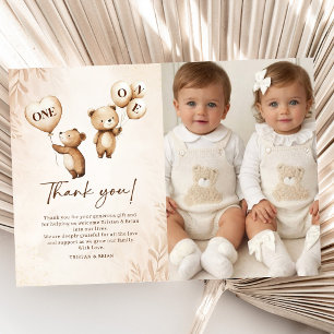 Carte De Remerciements Ballons Ourson Jumelles Photo 1er Anniversaire