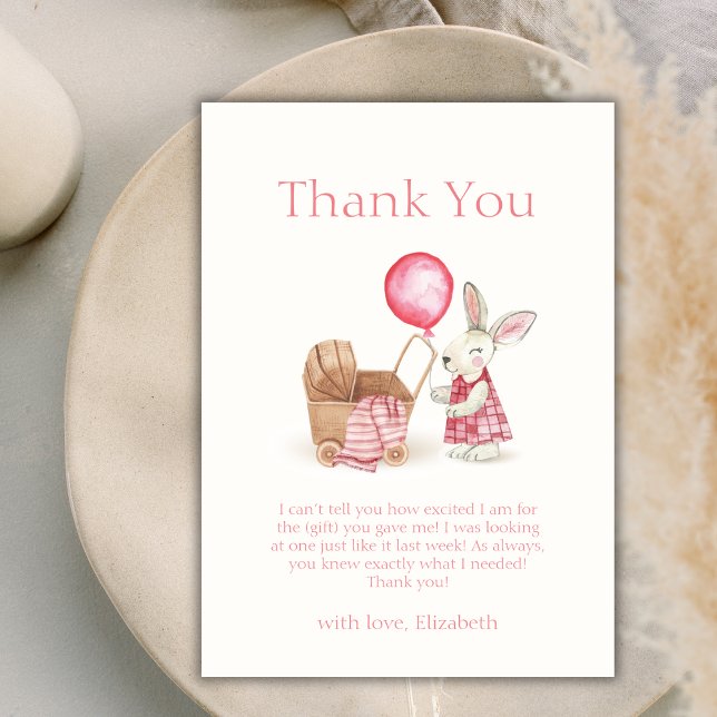 Carte De Remerciements Balloon de poussette rose Baby shower fille de pou (Pink Stroller Bunny Balloon Girl Baby Shower Thank You Card)