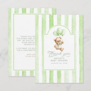 Carte De Remerciements Balloons verts et ours en peluche Baby Shower 