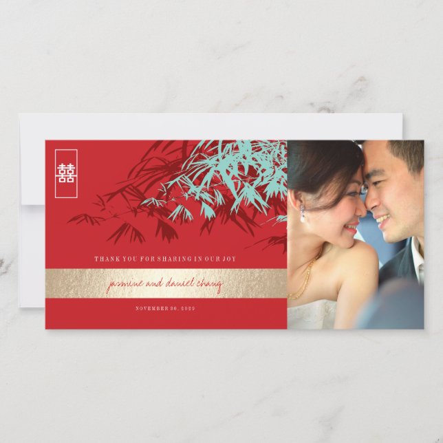 Carte De Remerciements Bambou rouge Turquoise Feuille Mariage chinois Pho (Devant)