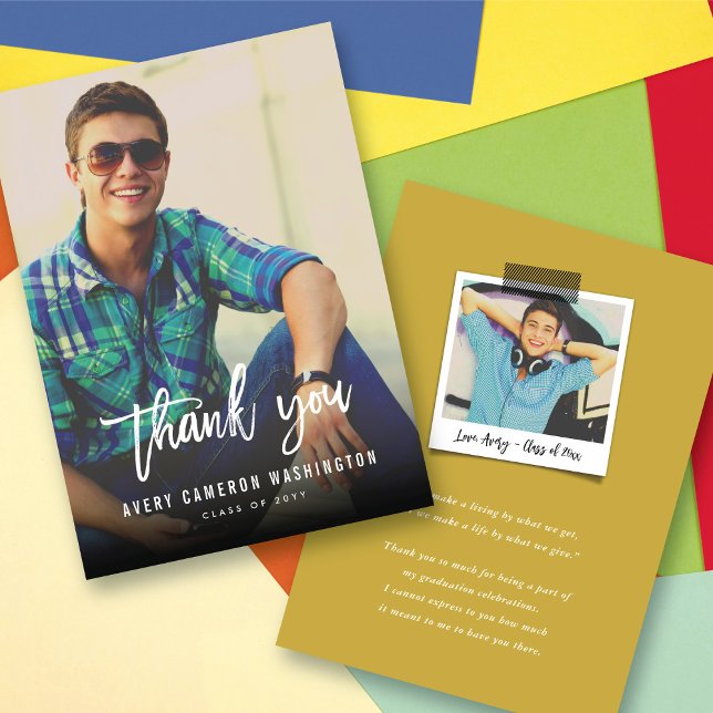 Carte De Remerciements Bande blanche Script Calligraphie Photo Graduation (White Brush Script Calligraphy Photo Modern Graduation Thank You Card @ zazzle.com/color_therapy)