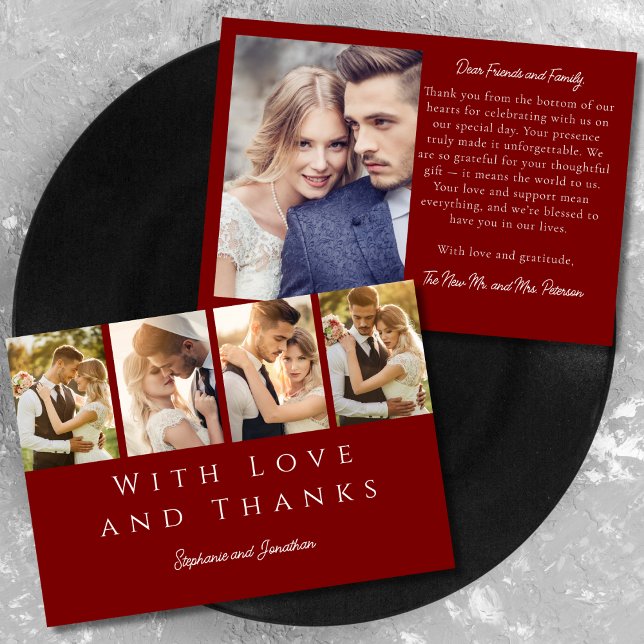 Carte De Remerciements Bande Photo Design Mariage rouge Bourgogne moderne (Créateur téléchargé)