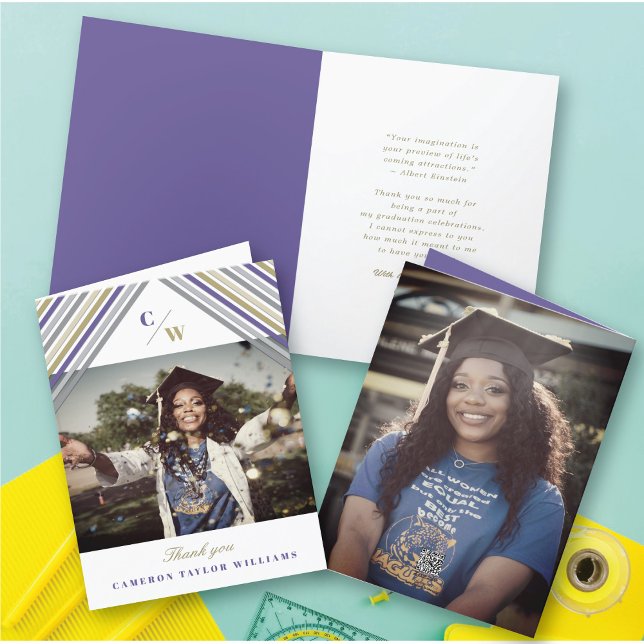 Carte De Remerciements Bandes diagonales violettes Photo Graduation moder (Purple Diagonal Stripes Monogram, Photo Modern Graduation Thank You Card @ zazzle.com/color_therapy)