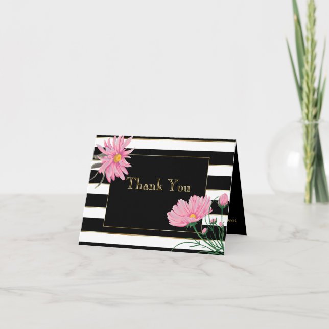 Carte De Remerciements Bandes noires grasses Fleurs de Thank You en rose (Devant)