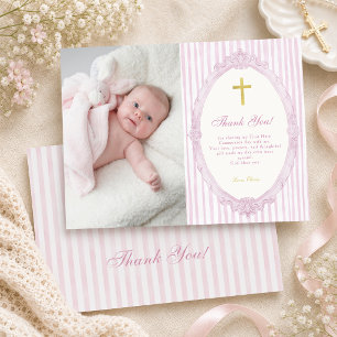 Carte De Remerciements Bandes roses Élégant Baptême de fille Photo vintag
