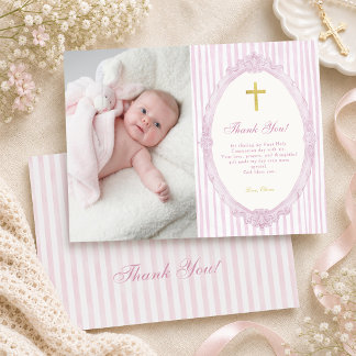 Carte De Remerciements Bandes roses Élégant Baptême de fille Photo vintag