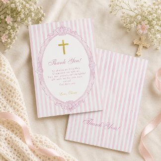 Carte De Remerciements Bandes roses Élégant Baptême de fille vintage