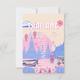 Carte De Remerciements Bangkok Thaïlande Pastel Voyage Bleu Rose Art