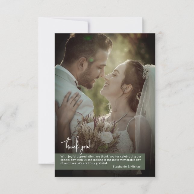 Carte De Remerciements Bannière de mariage élégante vert foncé mousse pho (Devant)