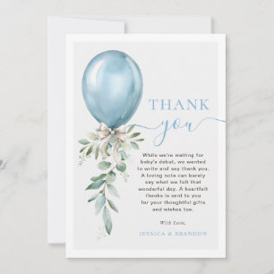 Carte De Remerciements Baptême au ballon bleu aquarelle avec nœud et verd