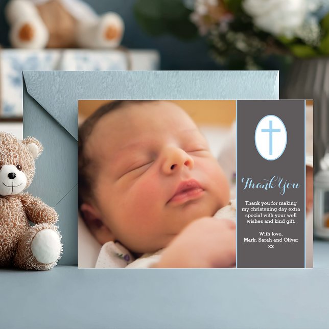 Carte De Remerciements Baptême/Baptême (A sweet way to say thank you 💙 Personalize this baby boy christening thank you card with your photo)