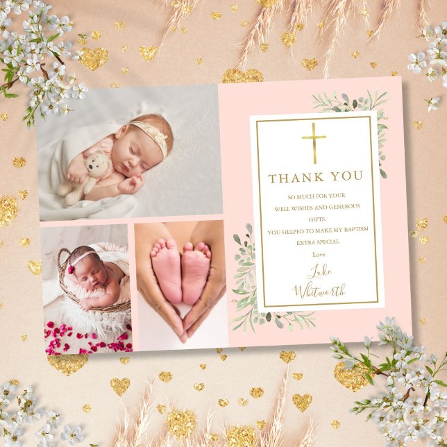 Carte De Remerciements Baptême Baptême Verdure rose pâle 3 Photo (Baptism Christening Greenery Blush Pink 3 Photo Thank You Card)