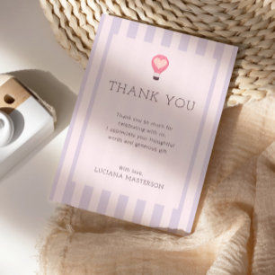 Carte De Remerciements Baptême Bébé Ballon Montgolfère Pastel Violet Coeu