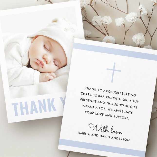Carte De Remerciements Baptême blanc bleu poussiéreux moderne photo de ba (Modern dusty blue white baptism christening photo thank you card
)