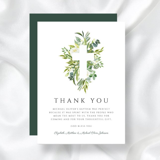 Carte De Remerciements Baptême botanique religieux croisé vert (Religious Cross Green Botanical Baptism Thank You Card)