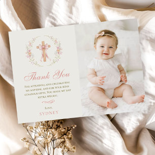 Carte De Remerciements Baptême chrétien de fille Rose Floral Ruban Photo