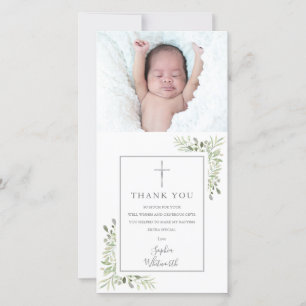 Carte De Remerciements Baptême Christening Argent Feuillage Photo
