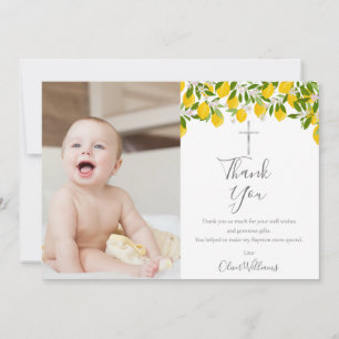 Carte De Remerciements Baptême Christening Citrons Photo Croix d'Argent