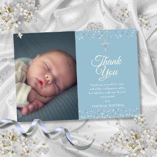 Carte De Remerciements Baptême Christening Cœurs Argentés Photo