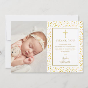 Carte De Remerciements Baptême Christening Confettis Cœurs Dorés Photo