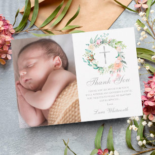 Carte De Remerciements Baptême Christening Couronne Florale Photo