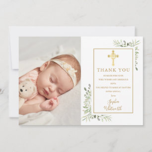 Carte De Remerciements Baptême Christening Croix Dorée Verdure Photo