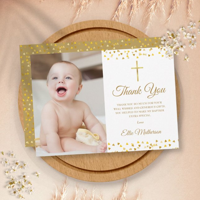Carte De Remerciements Baptême Christening Elégant Coeur d'Or Photo (Créateur téléchargé)