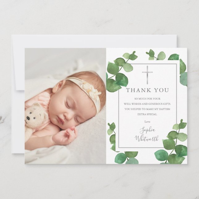 Carte De Remerciements Baptême Christening Eucalyptus Green Photo (Devant)