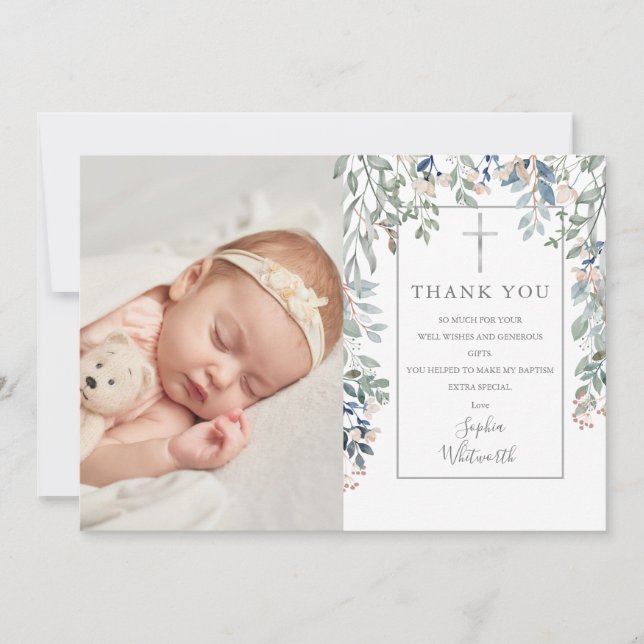 Carte De Remerciements Baptême Christening Floral Folial Photo (Devant)