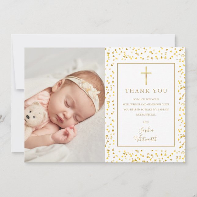 Carte De Remerciements Baptême Christening Gold Hearts Confetti Photo (Devant)