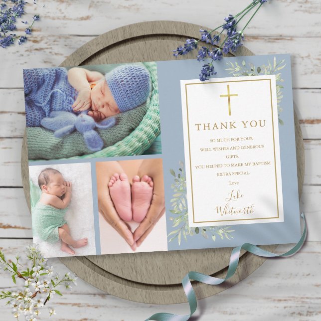 Carte De Remerciements Baptême Christening Green 3 Photo Dusty Blue (Baptism Christening Greenery 3 Photo Dusty Blue Thank You Card)