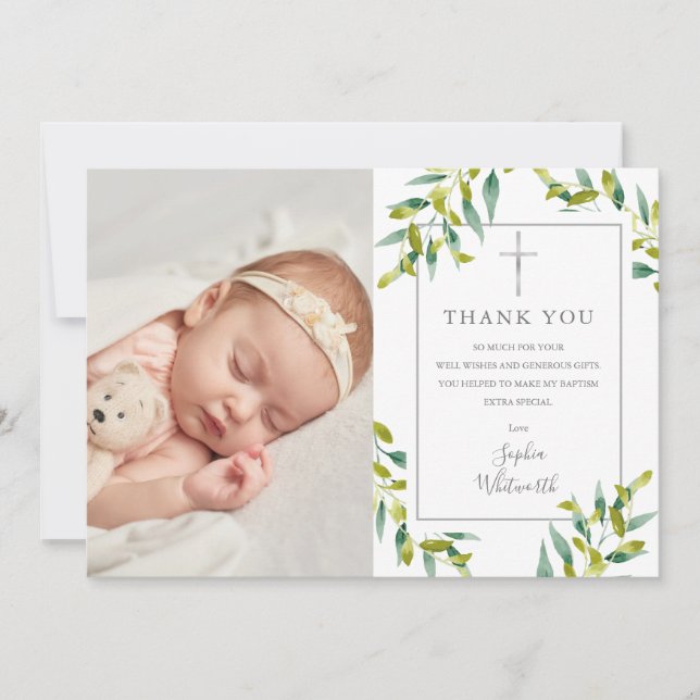 Carte De Remerciements Baptême Christening Green Foliage Photo (Devant)