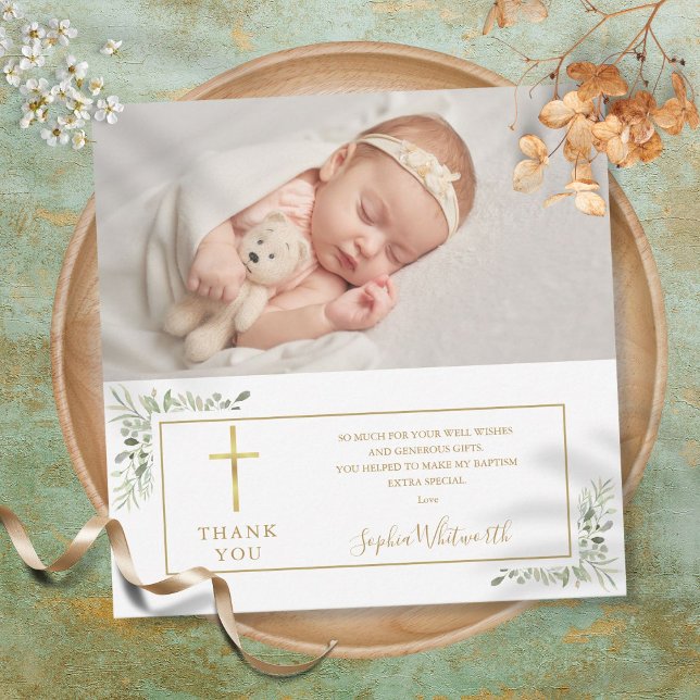 Carte De Remerciements Baptême Christening Green Photo (Baptism Christening Greenery Photo Thank You Card)