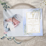 Carte De Remerciements Baptême Christening Green Photo bleu Aquarelle<br><div class="desc">signature or bleu aquarelle vert fleurie,  baptême baptême carte de remerciements photo. Personnalisez avec votre photo et baptême spécial,  baptême de baptême,  christening message de remerciement dans élégante typographie or. Conçu par Thisisnotme©</div>