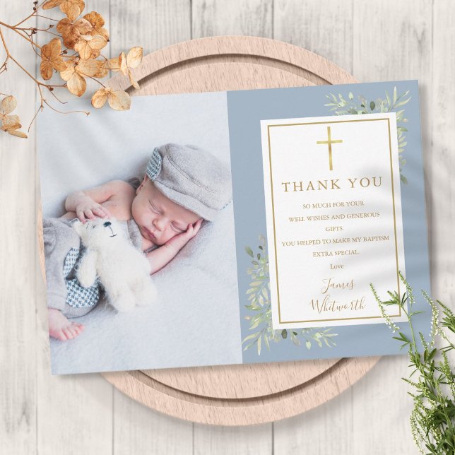 Carte De Remerciements Baptême Christening Green Photo Blue Boy (Baptism Christening Greenery Photo Blue Boy Thank You Card)