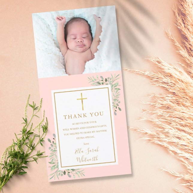 Carte De Remerciements Baptême Christening Green Photo Blush Pink (Créateur téléchargé)