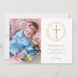 Carte De Remerciements Baptême Christening Guirlande Florale Or Photo
