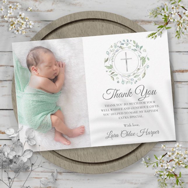 Carte De Remerciements Baptême, Christening Laurel Floral Photo (Baptism, Christening Laurel Floral Photo Thank You Card)