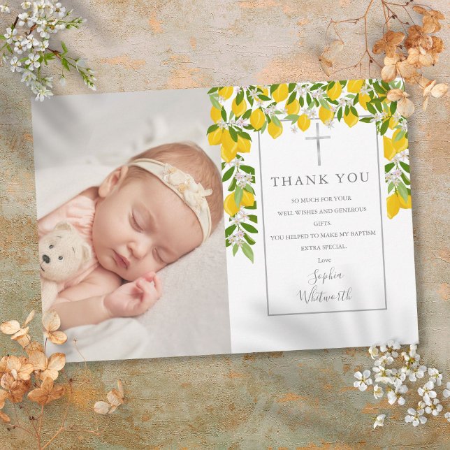 Carte De Remerciements Baptême Christening Lemons Blossom Green Photo (Baptism Christening Lemons Blossom Greenery Photo Thank You Card)