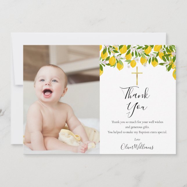 Carte De Remerciements Baptême Christening Lemons Gold Cross Photo (Devant)