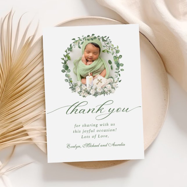 Carte De Remerciements Baptême Christening Photo Rose Floral (Créateur téléchargé)