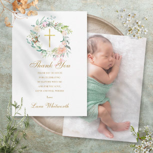 Carte De Remerciements Baptême Christening Photo Rose Floral Gold