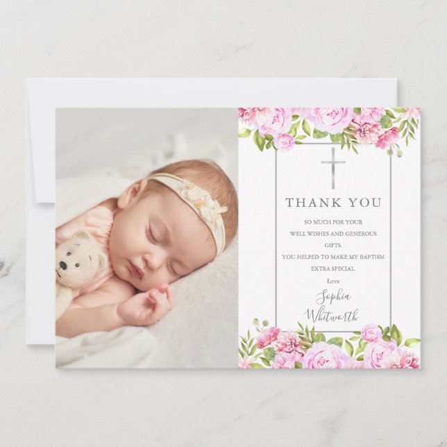 Carte De Remerciements Baptême Christening Rose Floral Photo (Devant)