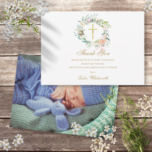 Carte De Remerciements Baptême Christening Rose Floral Photo Gold