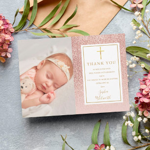 Carte De Remerciements Baptême Christening Rose Gold Paillettes Photo