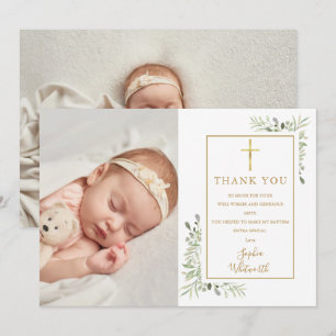 Carte De Remerciements Baptême Christening Verdure Aquarelle 2 Photo