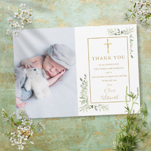 Carte De Remerciements Baptême Christening Verdure Croix Dorée Photo