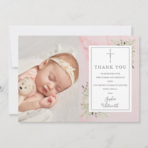Carte De Remerciements Baptême Christening Verdure Marbre Rose Photo