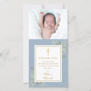 Carte De Remerciements Baptême Christening Verdure Photo Bleu