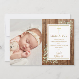 Carte De Remerciements Baptême Christening Verdure Photo Bois Rustique